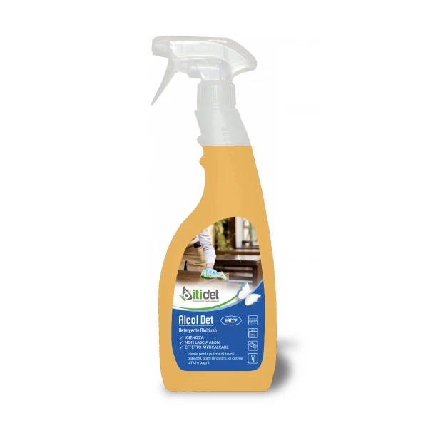 a spray bottle with a white and blue label